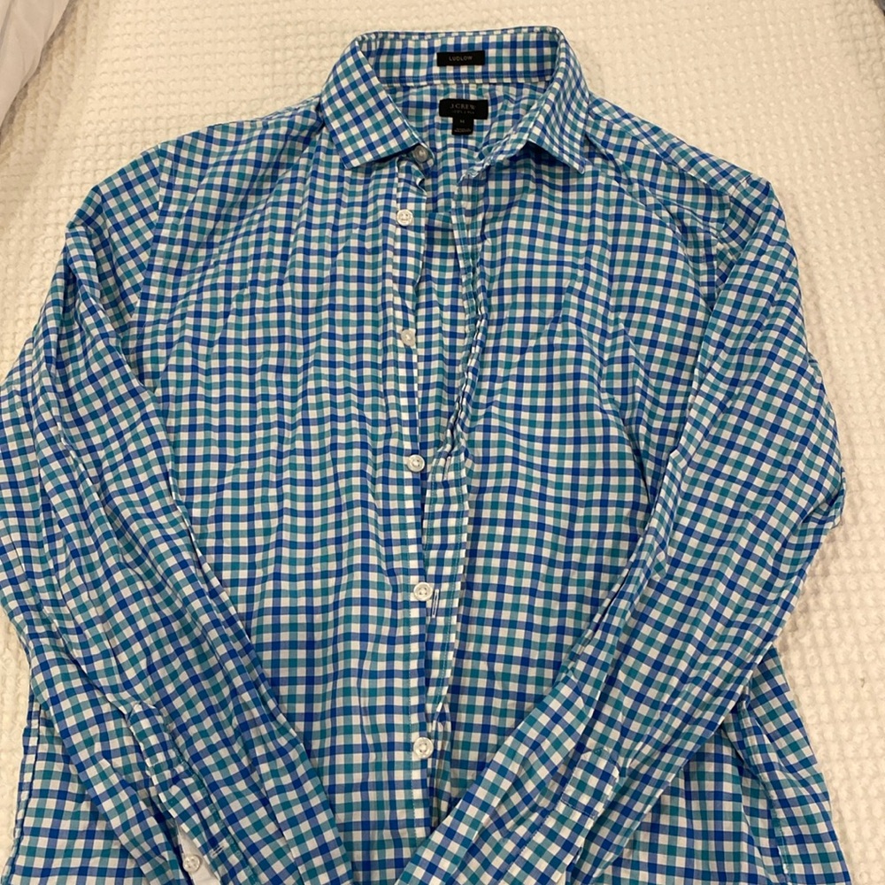Royal blue, tourquoise and white plaid dress shirt.